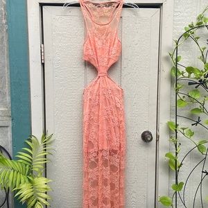 Lace peach cut out maxi dress
